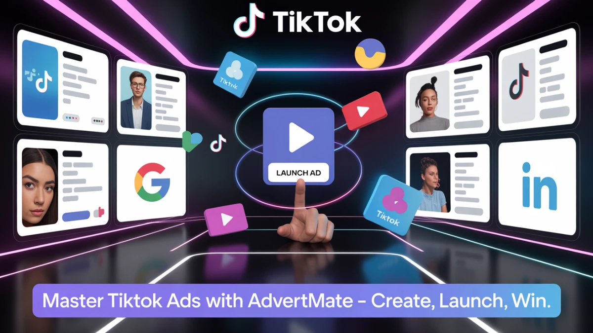 Illustration of a digital marketer launching a TikTok ad using AdvertMate's AI dashboard, with floating screens displaying Google, Facebook, and LinkedIn platforms in a futuristic neon-lit workspace.